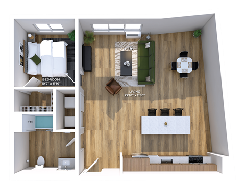 Floor plan for 1 bed, 1 bath, 873 sqft